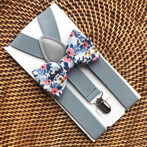 Navy & White Rose Bow Tie & Light Grey Suspenders Set