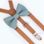 Load image into Gallery viewer, Slate Bow Tie &amp; Tan Vegan Leather Suspenders Set
