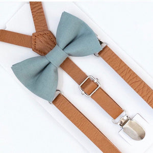 Slate Bow Tie & Tan Vegan Leather Suspenders Set