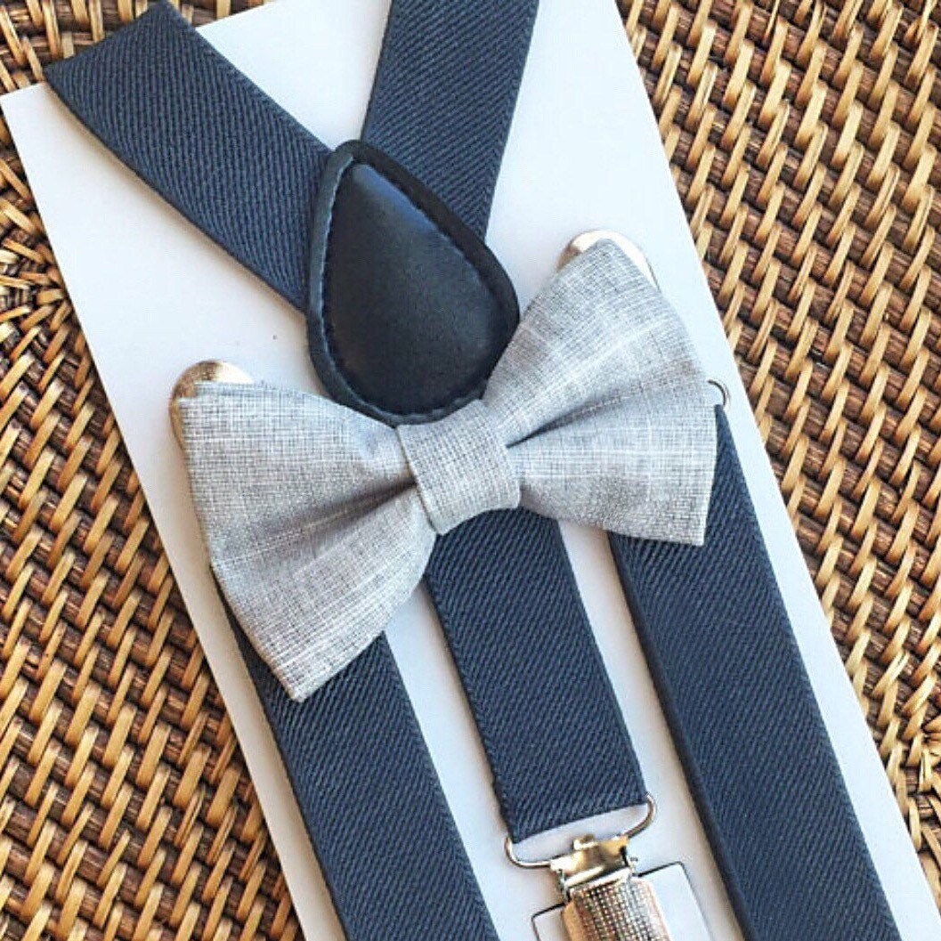 Chambray Bow Tie & Dark Gray Suspenders Set