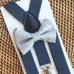 Load image into Gallery viewer, Chambray Bow Tie &amp; Dark Gray Suspenders Set
