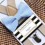 Load image into Gallery viewer, Light Blue Seersucker Bow Tie &amp; Tan Suspenders Set
