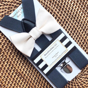 White Bow Tie & Dark Grey Suspenders Set
