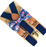 Load image into Gallery viewer, Navy Rose Bow Tie &amp; Navy Buckle Suspenders Set
