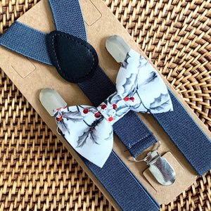 Holly Berry Bow Tie & Dark Gray Suspenders Set