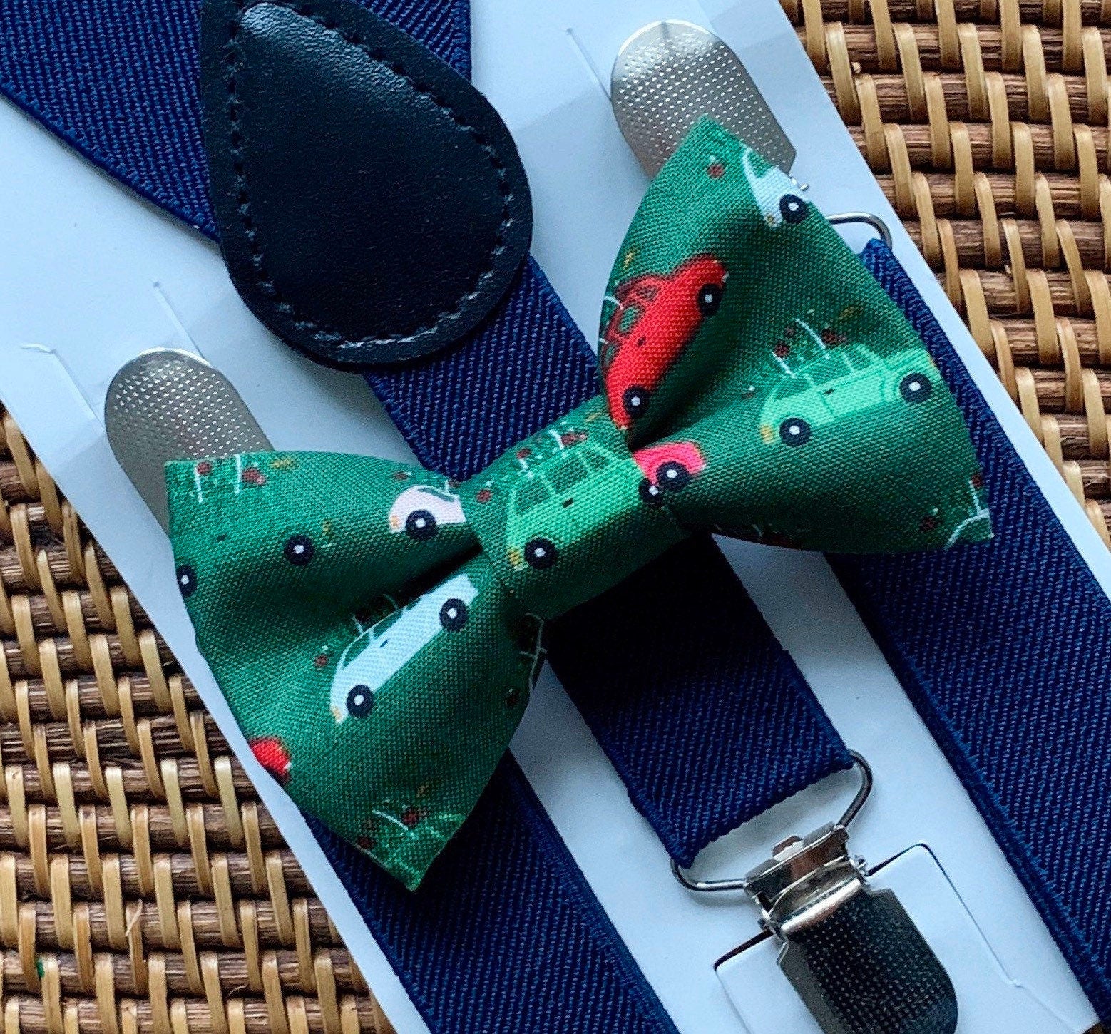 Green Christmas Tree Cars Bow Tie & Navy Suspenders Set