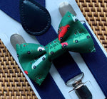 Load image into Gallery viewer, Green Christmas Tree Cars Bow Tie &amp; Navy Suspenders Set
