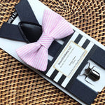 Load image into Gallery viewer, Pink Seersucker Bow Tie &amp; Dark Gray Suspenders Set
