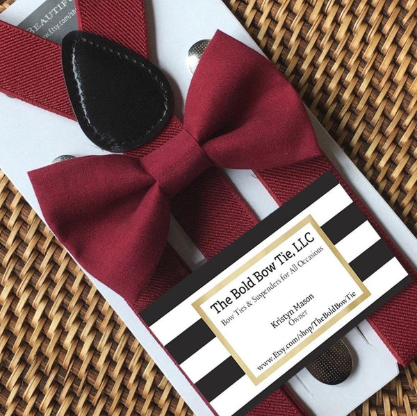 burgundy bow tie and suspenders wedding