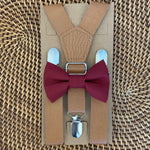Load image into Gallery viewer, Burgundy Bow Tie &amp; Tan Vegan Leather Suspenders Set

