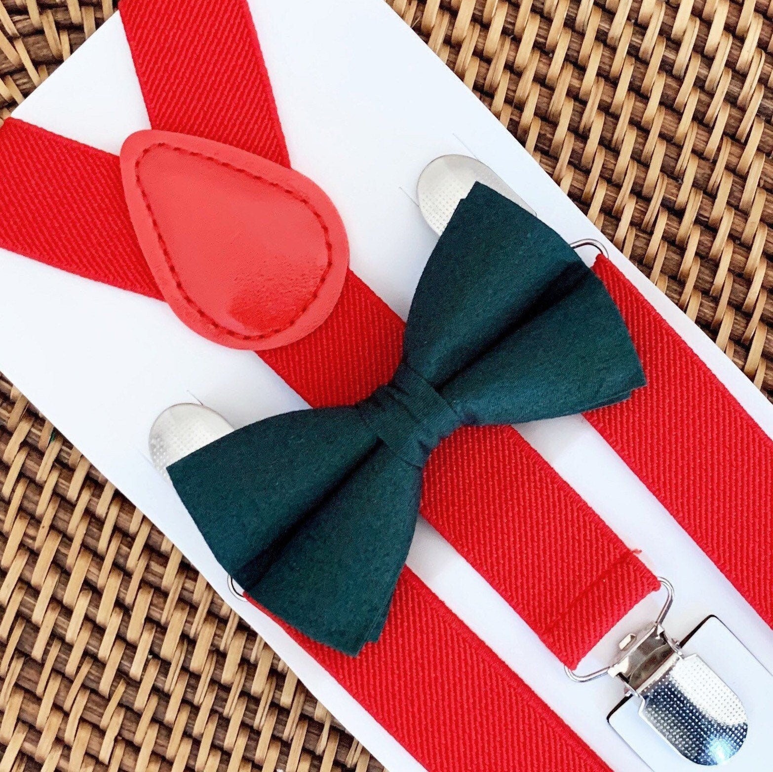 Hunter Green Bow Tie & Red Suspenders Set