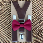 Load image into Gallery viewer, Burgundy Bow Tie &amp; Dark Brown Vegan Leather Suspenders Set
