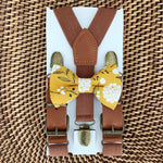 Load image into Gallery viewer, Mustard Floral Bow Tie &amp; Cognac Buckle Suspenders Set
