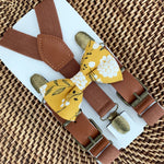 Load image into Gallery viewer, Mustard Floral Bow Tie &amp; Cognac Buckle Suspenders Set
