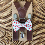 Load image into Gallery viewer, Christmas Stocking Bow Tie &amp; Dark Brown Vegan Leather Suspenders Set
