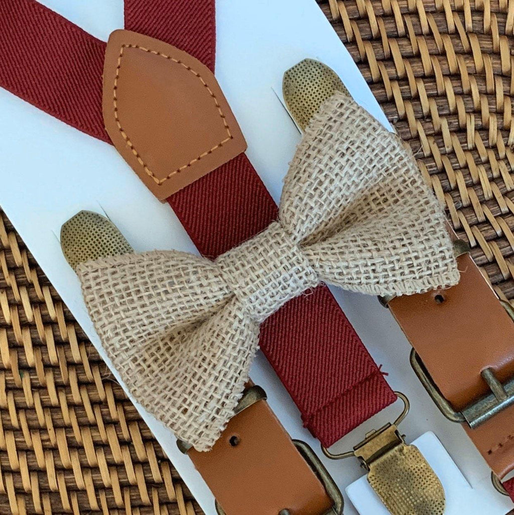 A country chic burlap bow tie and rustic burgundy buckle suspenders for men and boys to wear to a cowboy wedding.