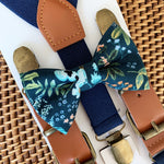 Load image into Gallery viewer, Rifle Paper Co. Herb Garden Navy bow tie and navy blue suspenders for ring bearer outfit or groomsmen gift.
