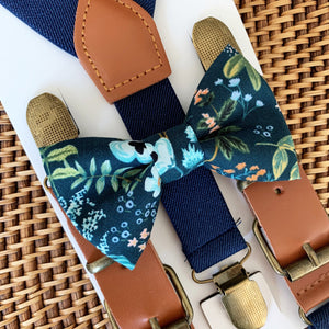 Rifle Paper Co. Herb Garden Navy bow tie and navy blue suspenders for ring bearer outfit or groomsmen gift.
