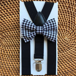 Load image into Gallery viewer, Black Gingham Bow Tie &amp; Black Suspenders
