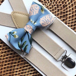 Load image into Gallery viewer, Dusty Blue Floral Bow Tie &amp; Tan Suspenders Set
