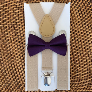 Purple Bow Tie & Tan Suspenders Set