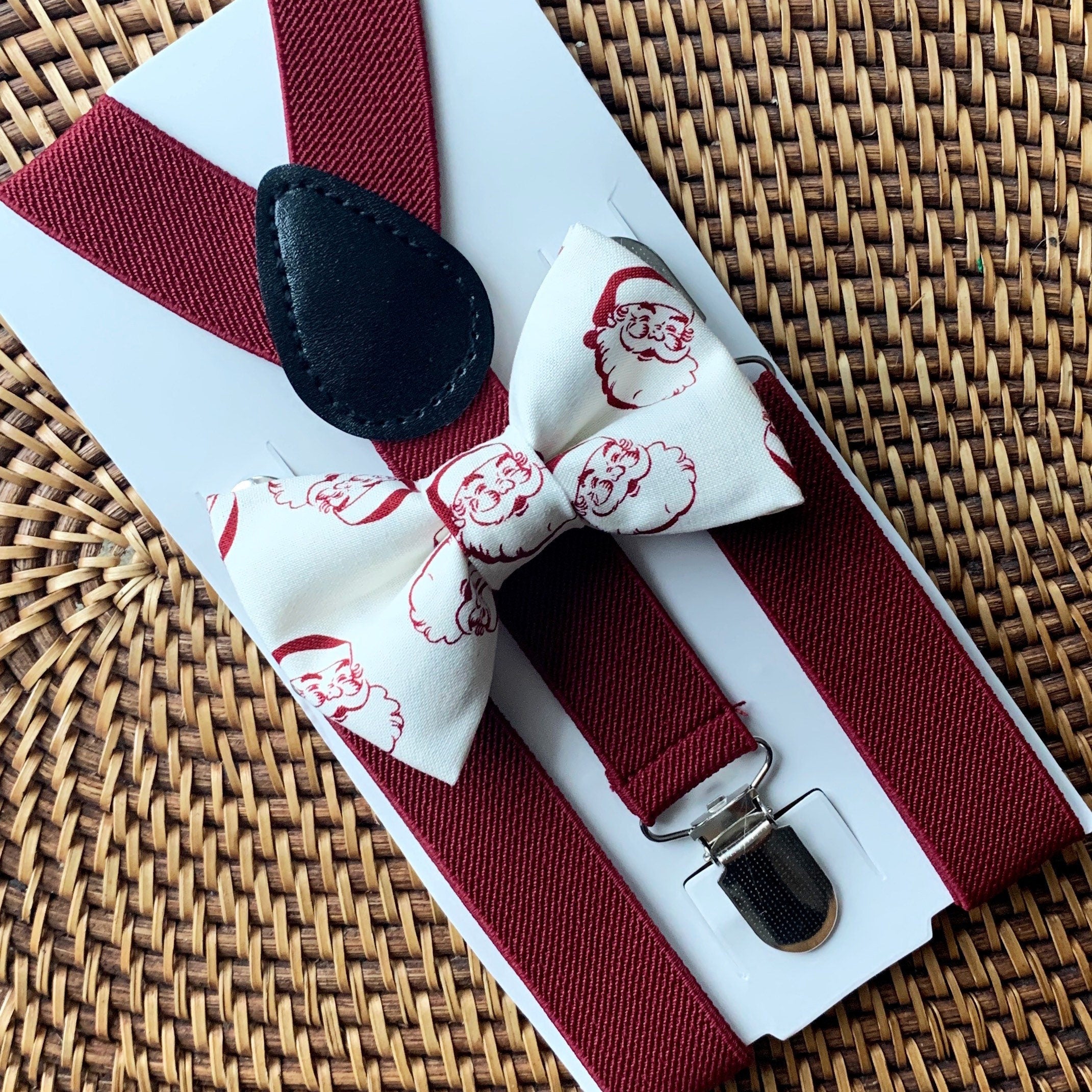 Retro Santa Bow Tie & Burgundy Suspenders Set