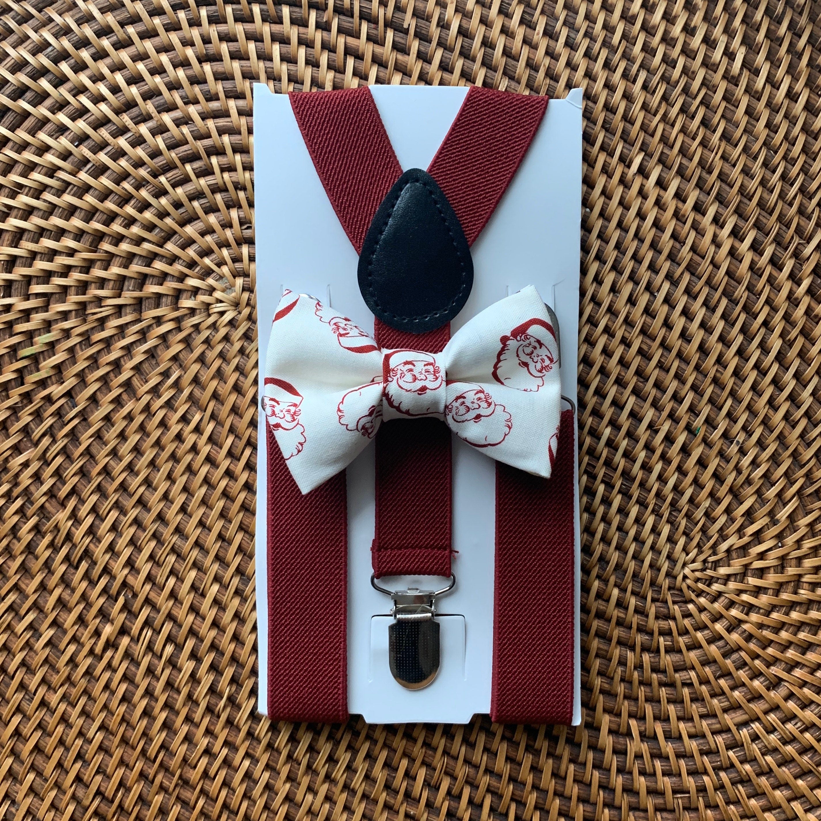 Retro Santa Bow Tie & Burgundy Suspenders Set