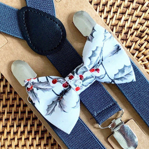 Holly Berry Bow Tie & Dark Gray Suspenders Set