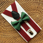 Load image into Gallery viewer, Olive Green Bow Tie &amp; Burgundy Suspenders Set
