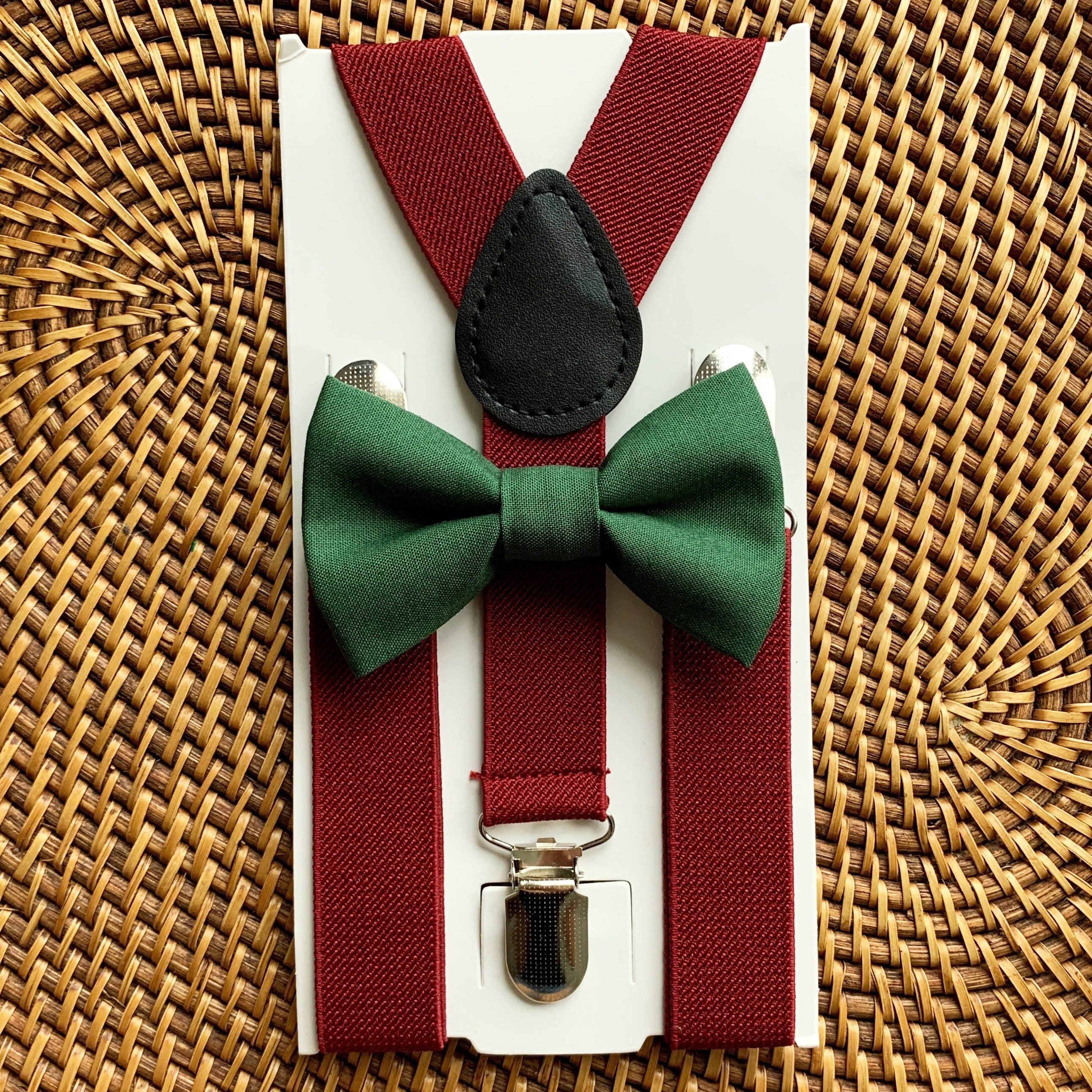 Olive Green Bow Tie & Burgundy Suspenders Set