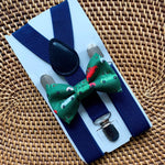 Load image into Gallery viewer, Green Christmas Tree Cars Bow Tie &amp; Navy Suspenders Set
