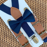 Load image into Gallery viewer, Navy Blue Bow Tie &amp; Navy Buckle Suspenders Set
