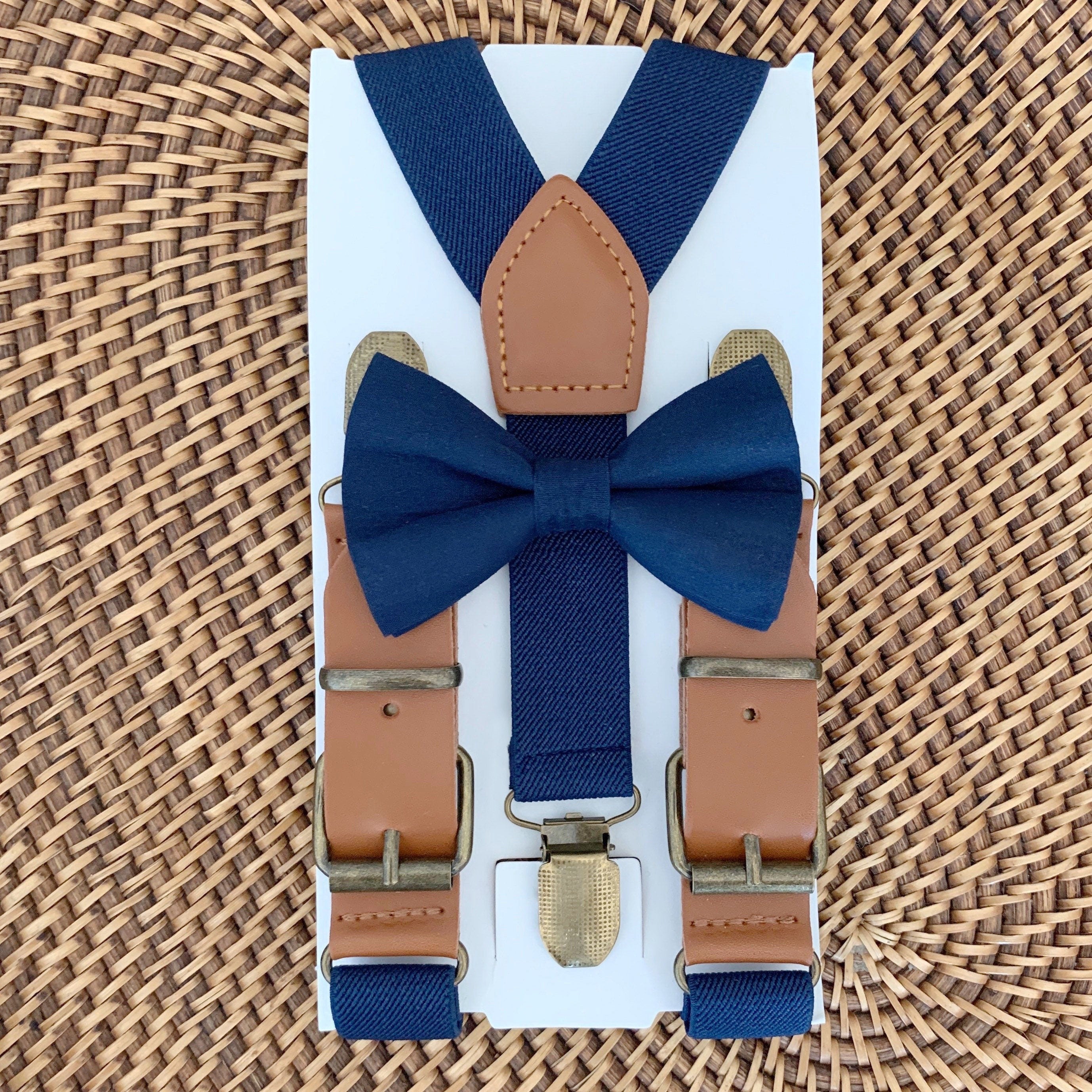Navy Blue Bow Tie & Navy Buckle Suspenders Set
