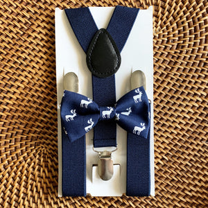 Navy Blue Moose Bow Tie & Navy Blue Suspenders Set