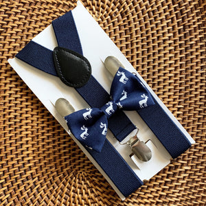 Navy Blue Moose Bow Tie & Navy Blue Suspenders Set