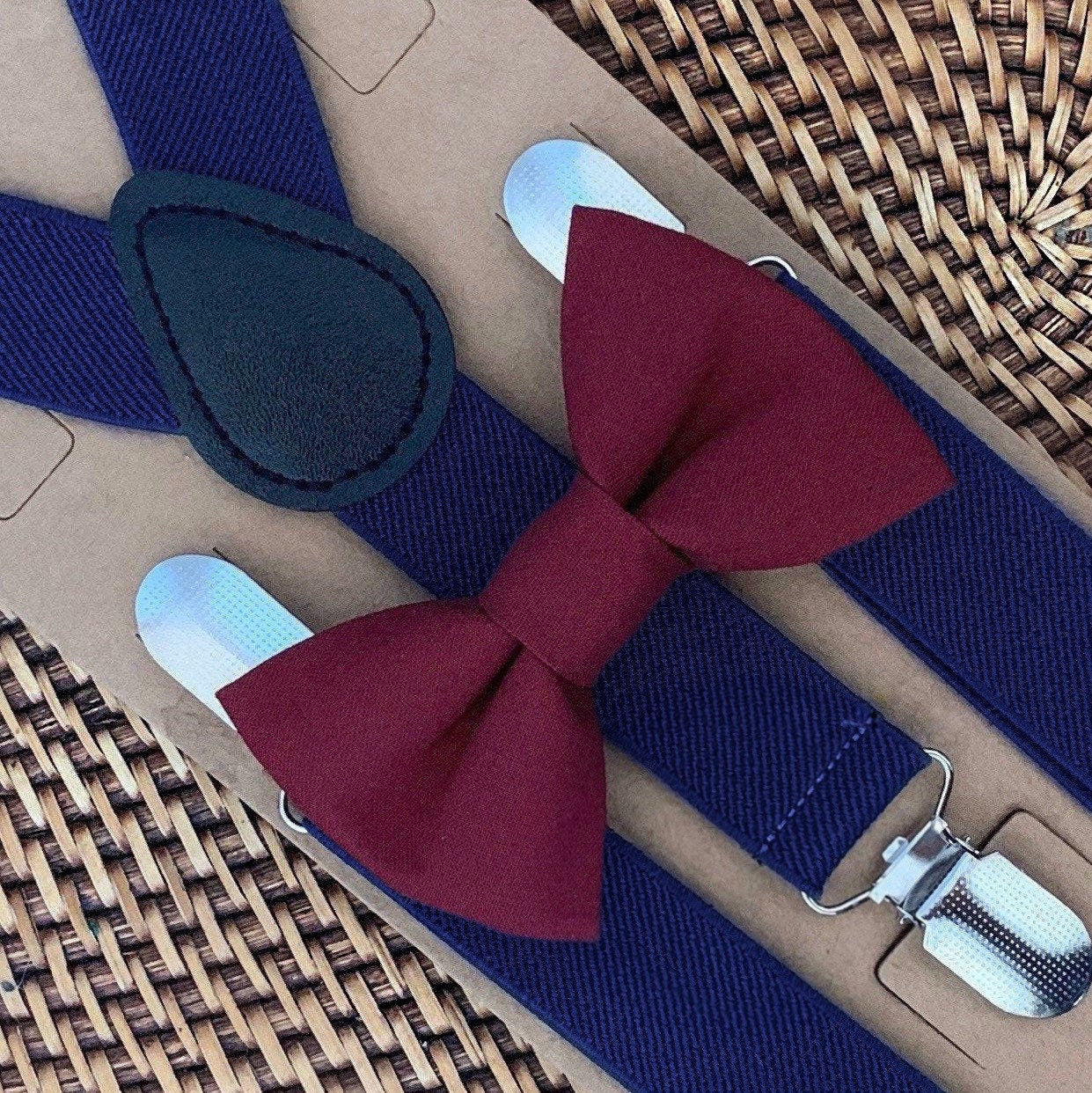 Burgundy Bow Tie & Navy Blue Suspenders