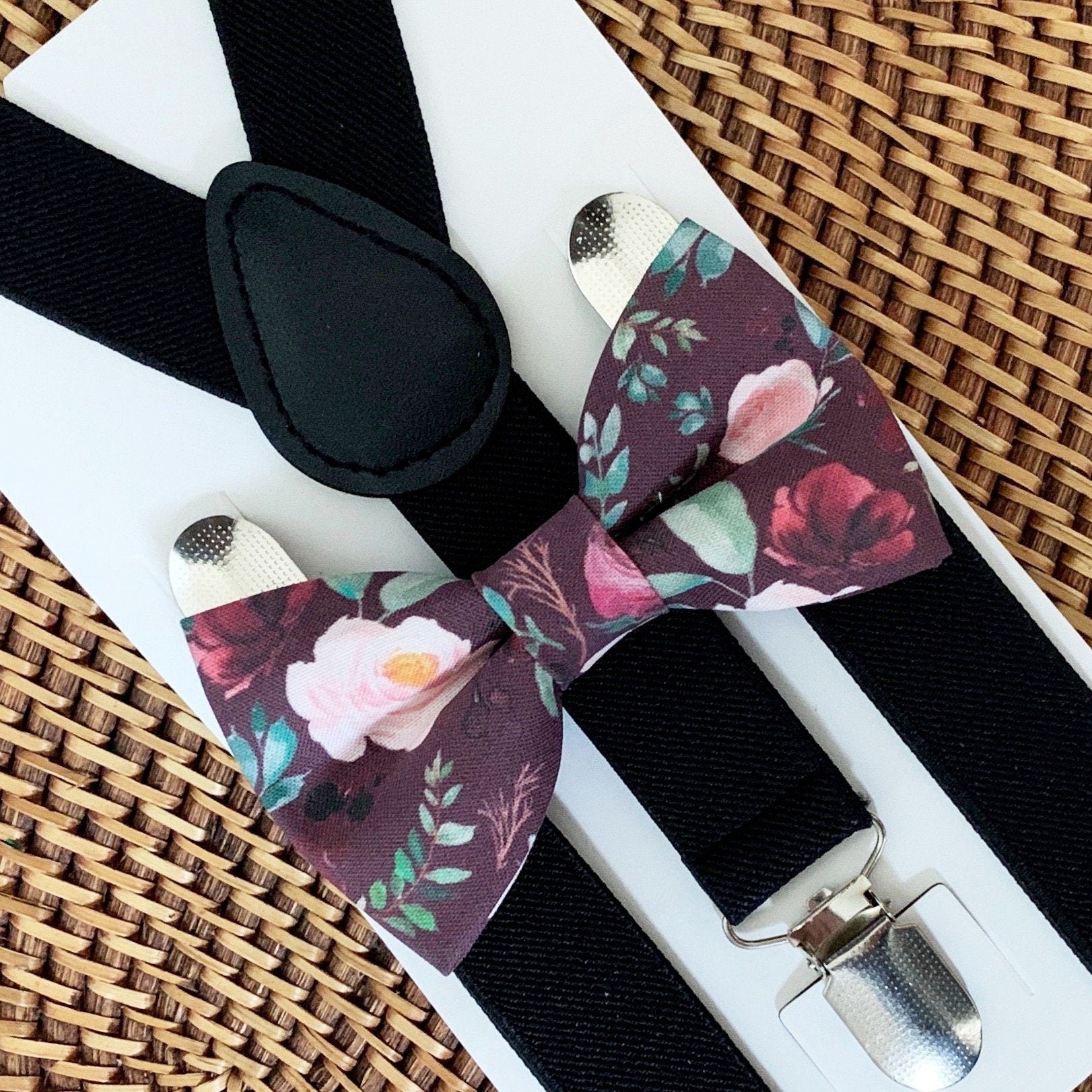 Maroon Floral Bow Tie & Black Suspenders Set