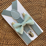 Load image into Gallery viewer, Sage Bow Tie &amp; Light Grey Suspenders Set
