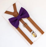 Load image into Gallery viewer, Purple Bow Tie &amp; Tan Vegan Leather Suspenders Set
