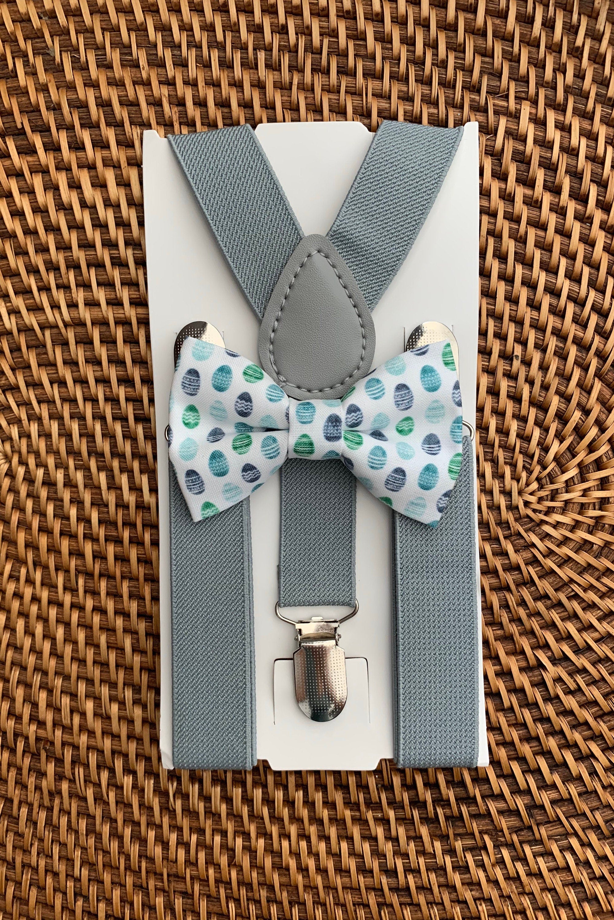 Easter Egg Bow Tie & Light Grey Suspenders Set