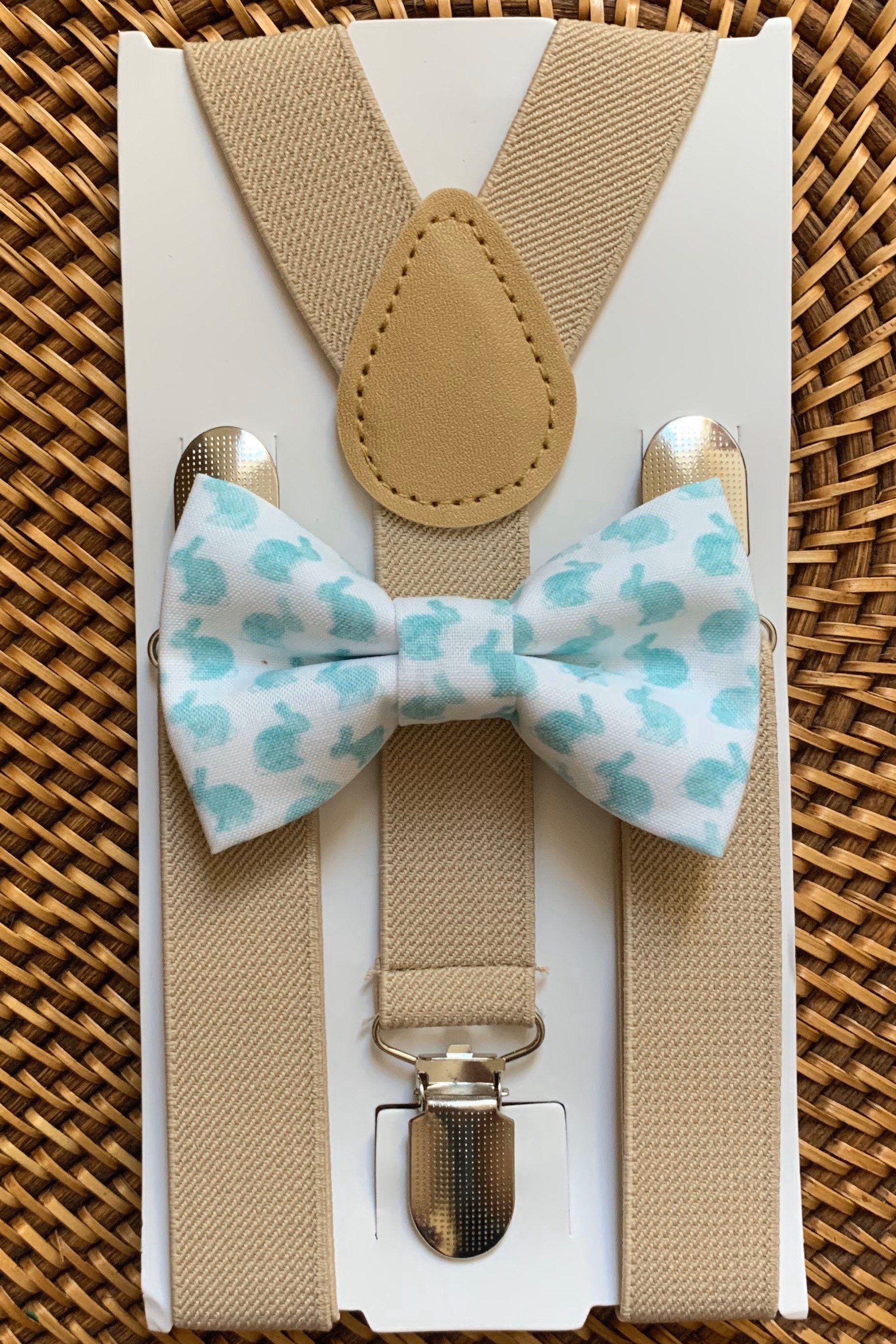 Blue Watercolor Easter Bunny Bow Tie & Tan Suspenders Set