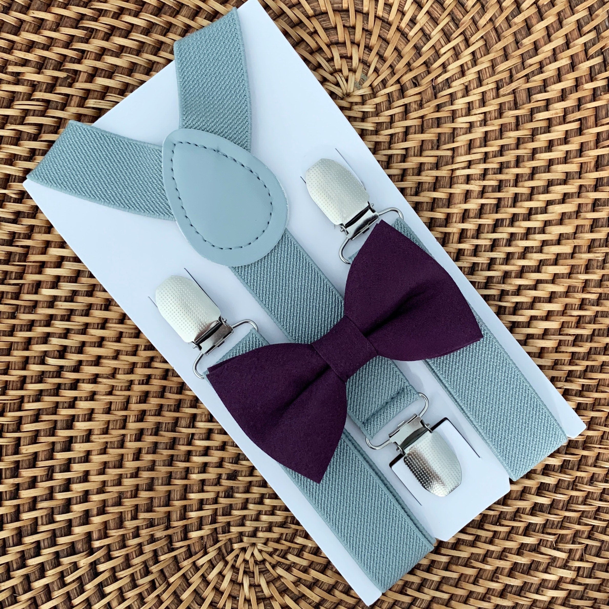 Plum Bow Tie & Light Gray Suspenders Set