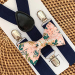Load image into Gallery viewer, Pink Floral Bow Tie &amp; Navy Suspenders Set
