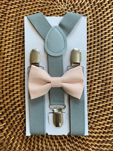 Blush Bow Tie & Light Grey Suspenders Set
