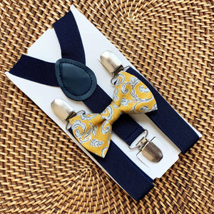 Gold Paisley Bow Tie & Navy Suspenders Set