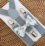 Load image into Gallery viewer, Sage Floral Bow Tie &amp; Light Gray Suspenders Set
