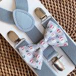Load image into Gallery viewer, Santa Bow Tie &amp; Light Grey Suspenders Set
