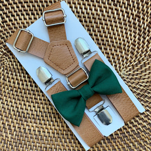 Juniper Green Bow Tie & Tan Vegan Leather Suspenders Set