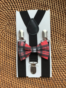 Red & Grey Plaid Bow Tie & Black Suspenders Set