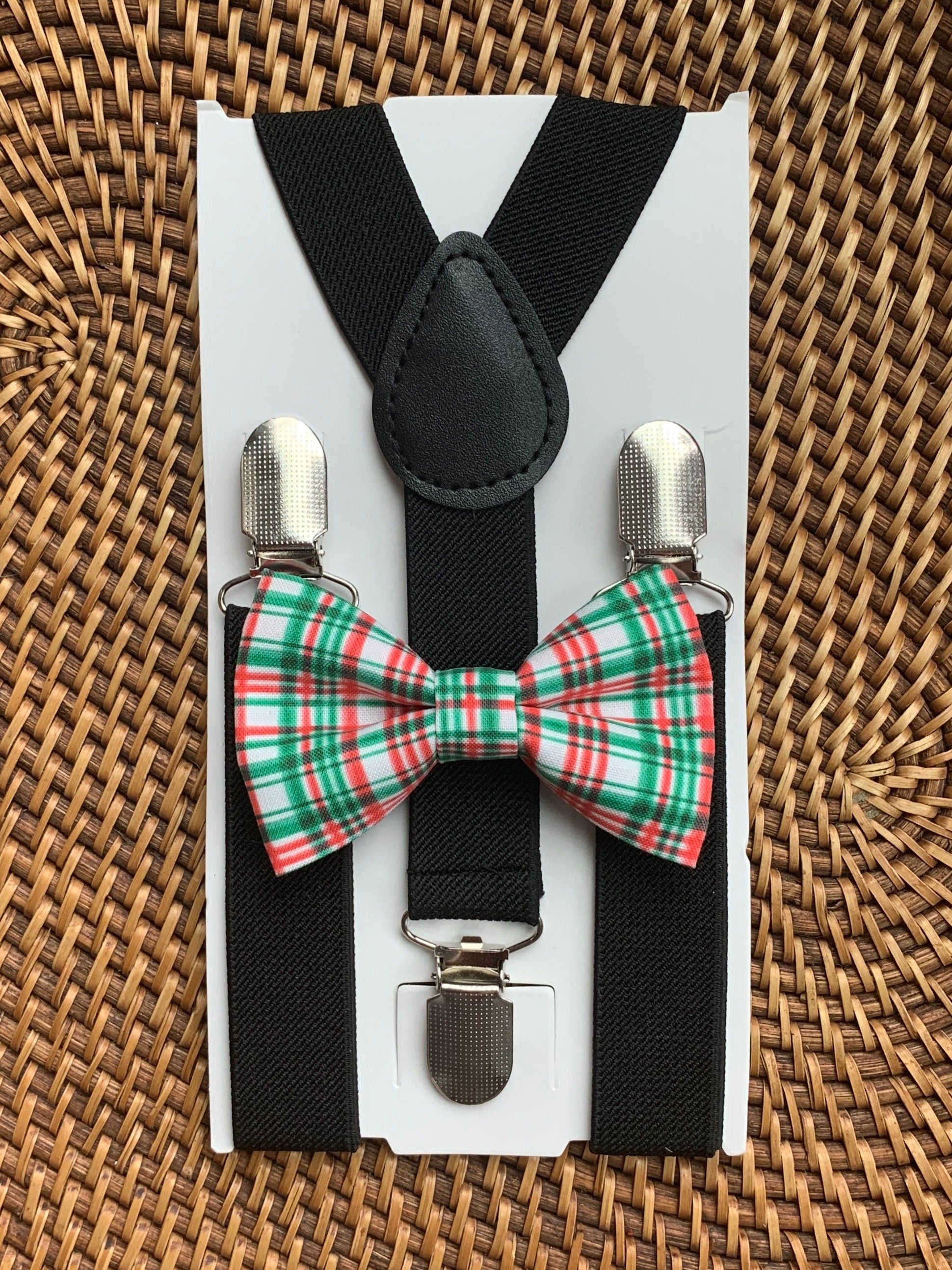 Red & Green Plaid Bow Tie & Black Suspenders Set
